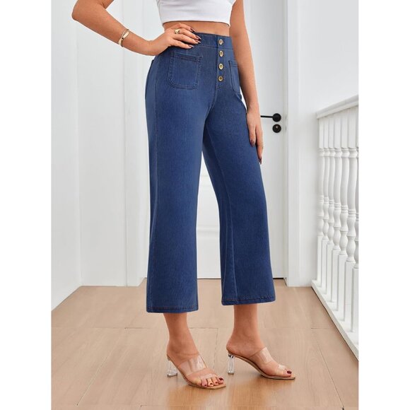 Womens High Waisted Capri Jeans Stretchy Crop Wide Leg Denim Casual - Picture 3 of 6